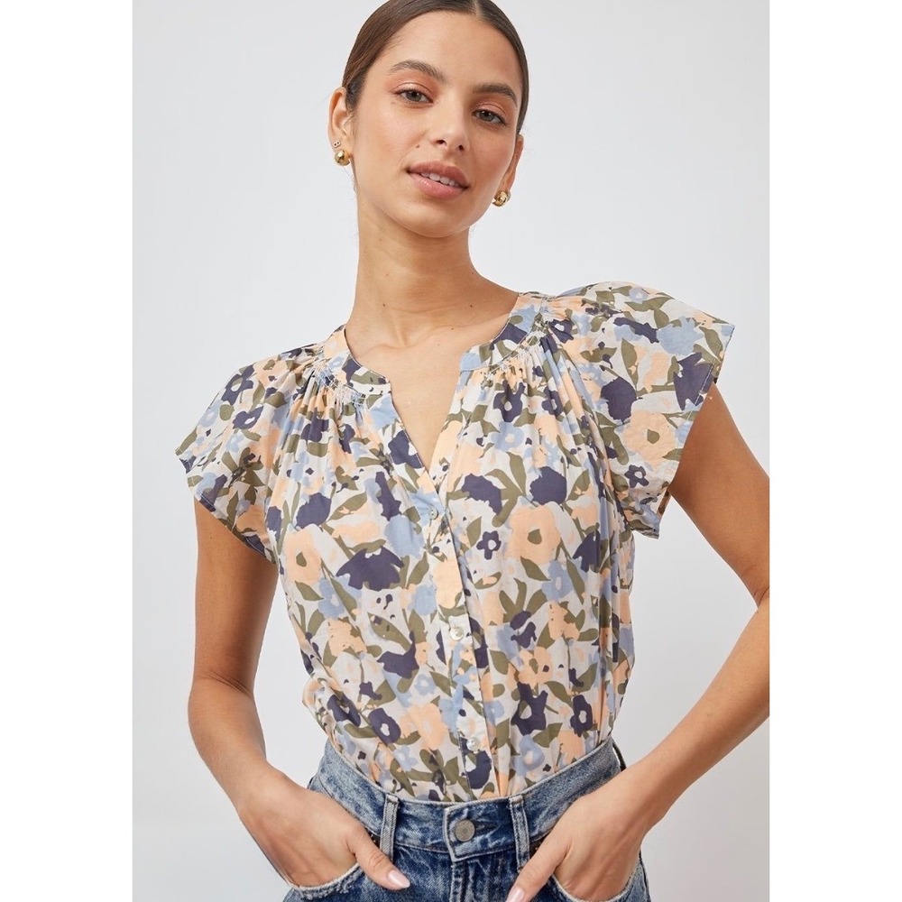 Rails Alena Mod Floral Top Women S Blue Peach Flutter Sleeve Button Front Cotton